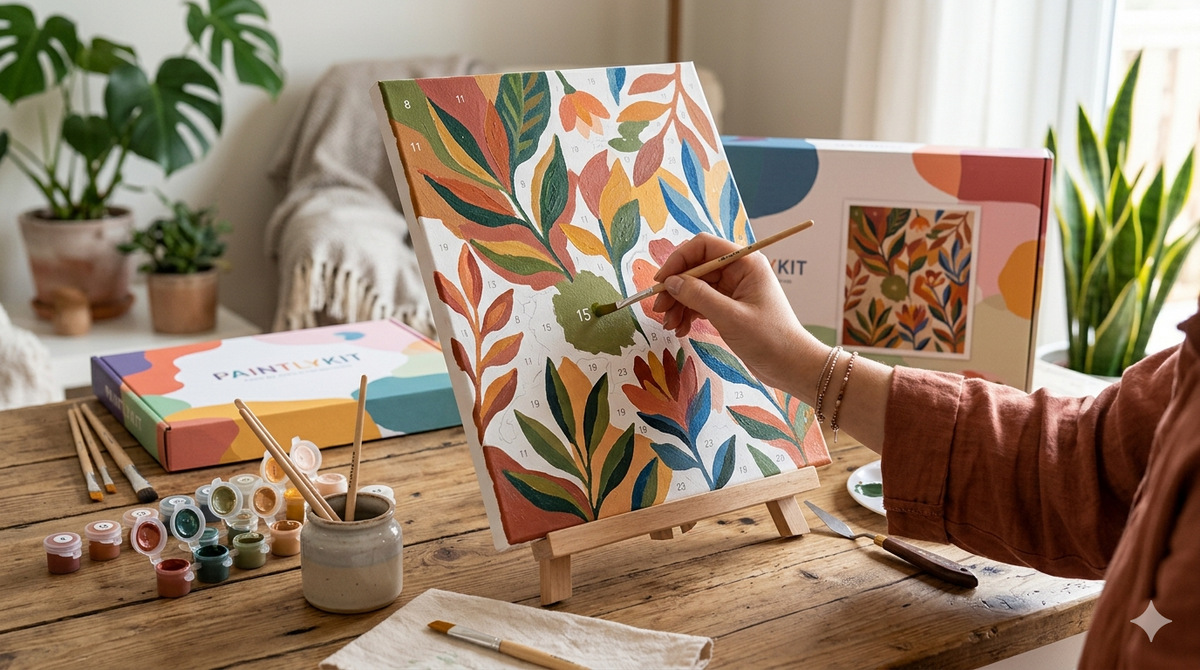 A person’s hand painting a modern floral paint-by-numbers canvas with earthy green and terracotta tones. The scene is set on a rustic wooden table with Paintlykit branded boxes, paint pots, and brushes in a bright, cozy room with indoor plants.
