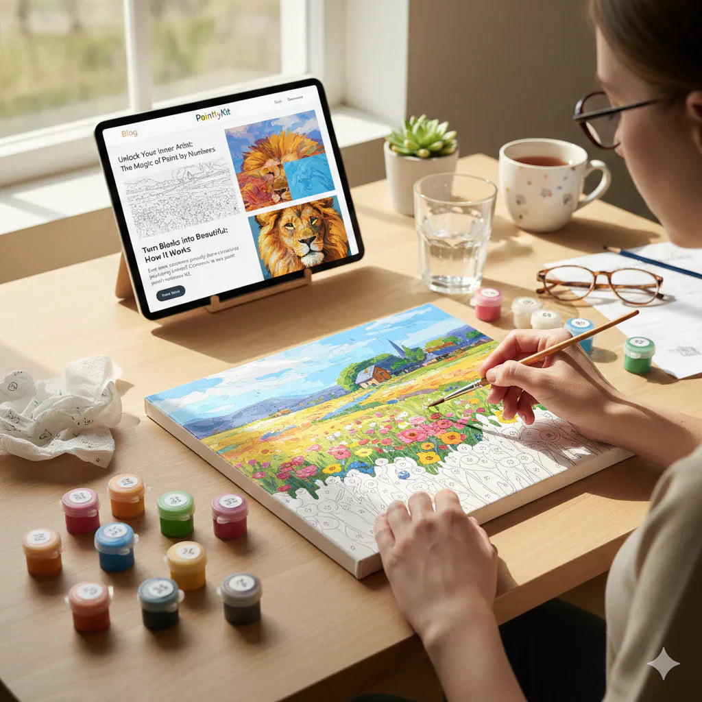 A top-down view of a person painting a colorful wildflower meadow landscape on a canvas.