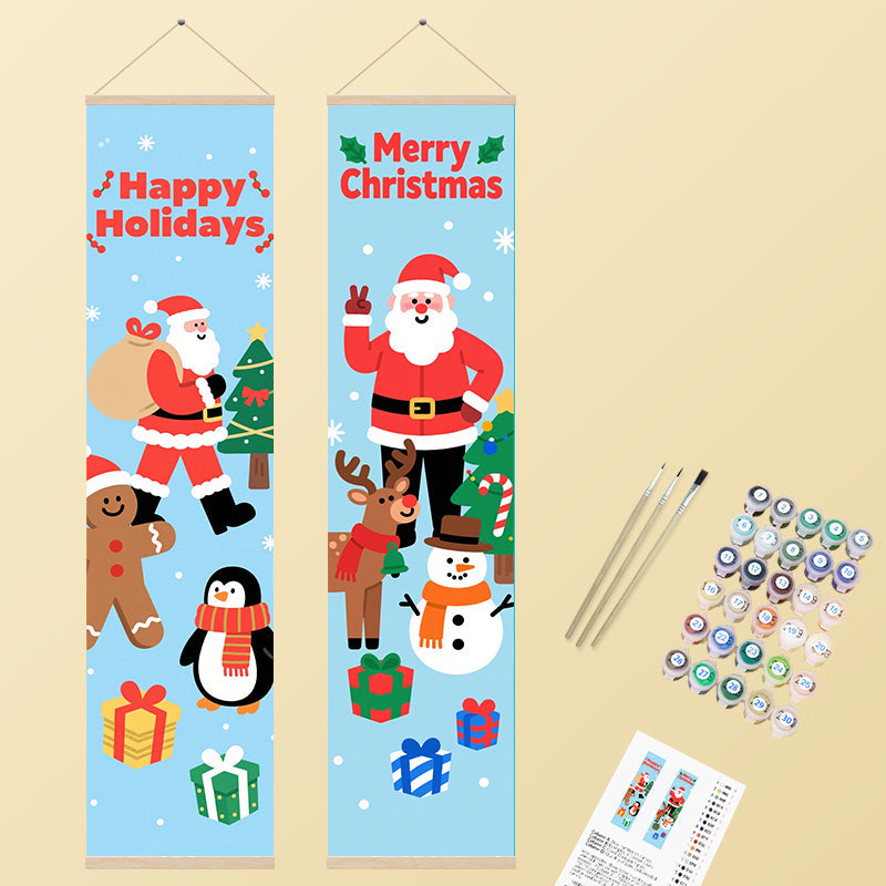 Two cheerful Christmas banners with flat cartoon illustrations of Santa, a reindeer, snowman, gingerbread man, and penguin, against a light blue background with snowflakes.