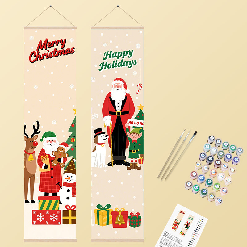 Two cheerful vertical banners featuring Santa Claus, a reindeer, snowman, and elf surrounded by gifts and festive greetings, painted in a bright, whimsical style.