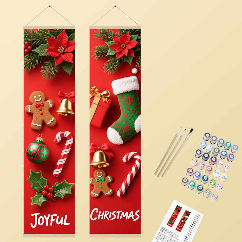 Two festive vertical banners featuring classic Christmas decorations like poinsettias, gingerbread men, candy canes, and holly against a bright red background, presented in a vibrant and cheerful illustrative style.