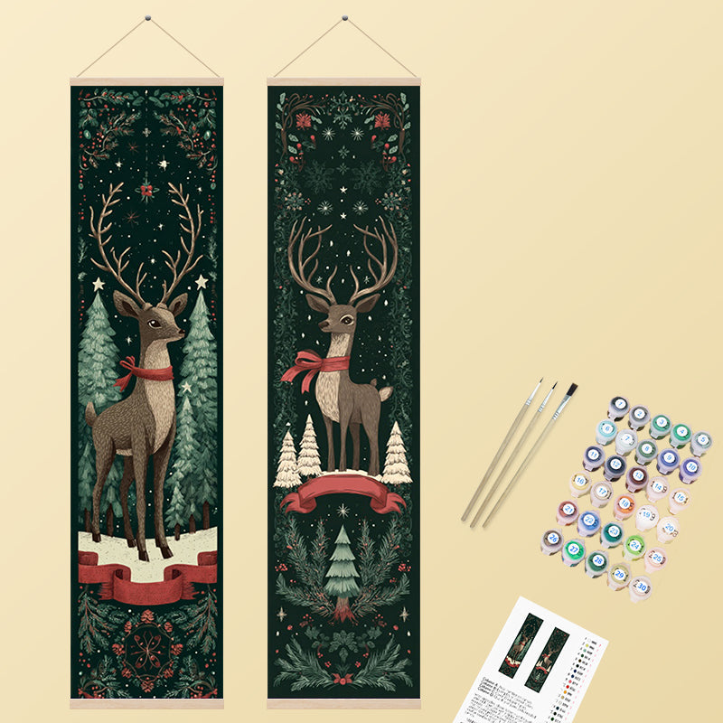 Two whimsical vertical banners featuring festive deer with red scarves in a dark green winter forest setting with snow and holly, painted in an illustrative holiday style.