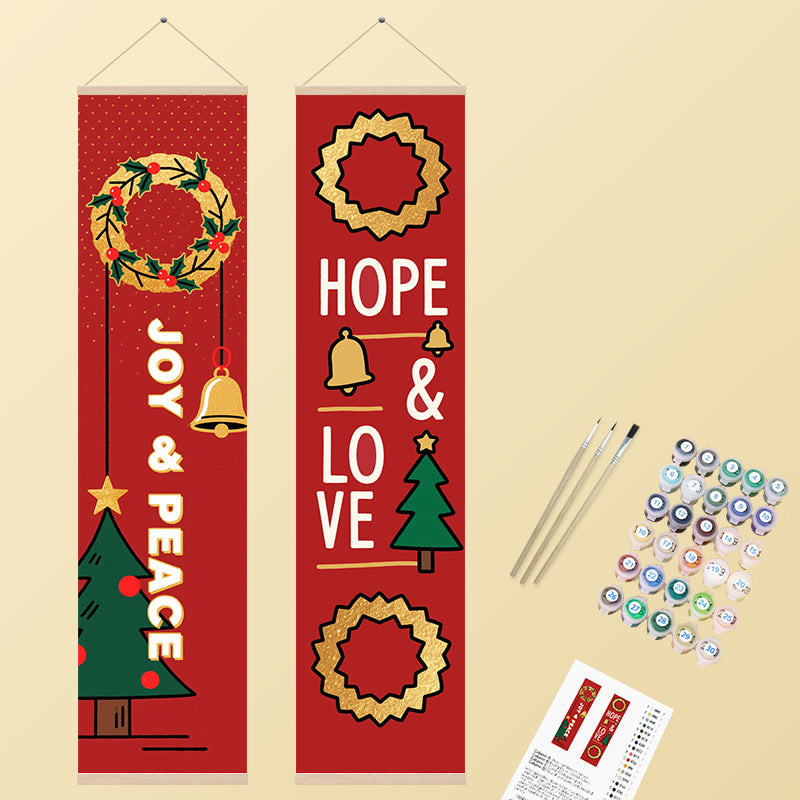 A set of two vertical red Christmas banners featuring gold wreaths, bells, Christmas trees, and the messages 'JOY & PEACE' and 'HOPE & LOVE', rendered in a festive, graphic style.