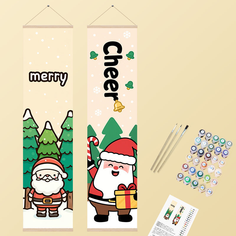 Two cartoon-style Christmas banners depicting jolly Santa Claus figures, festive trees, and the words 'merry' and 'Cheer', designed for a paint by number activity.