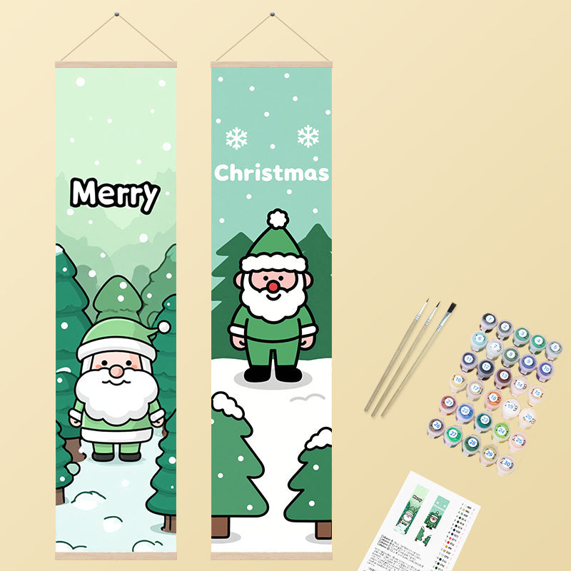 Two vertical banners featuring cute cartoon Santa Claus characters in green outfits among snowy pine trees, with 'Merry' and 'Christmas' text, in a cheerful holiday style.