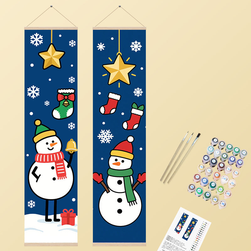 Two cheerful cartoon snowmen banners for Christmas, featuring golden stars, white snowflakes, and colourful festive stockings on a deep blue background.