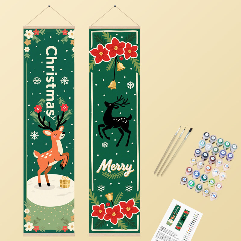 Two festive Christmas banners featuring a leaping reindeer with "Christmas" text and a black reindeer silhouette with "Merry" text, adorned with poinsettias, bells, and snowflakes in a cheerful, illustrative style.
