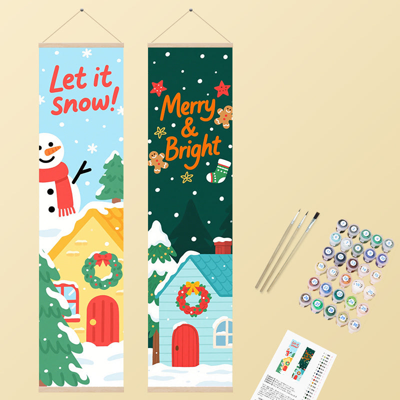 Two festive vertical banners featuring a cheerful snowman and snowy houses with Christmas greetings, rendered in a whimsical, cartoon illustration style.