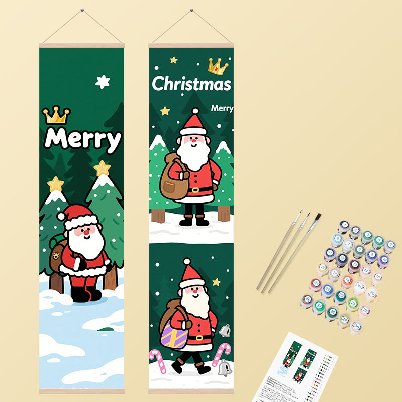 Two festive vertical banners featuring cheerful cartoon Santa Claus figures amidst snowy evergreen trees and holiday elements, painted in a bright, whimsical style.
