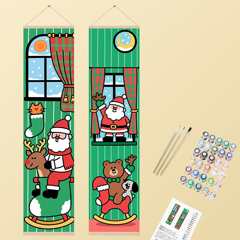 Two cartoon-style Christmas banners depicting Santa on a rocking reindeer and a bear with a dog on a rocking horse, surrounded by festive green and red holiday elements with snowy window scenes.