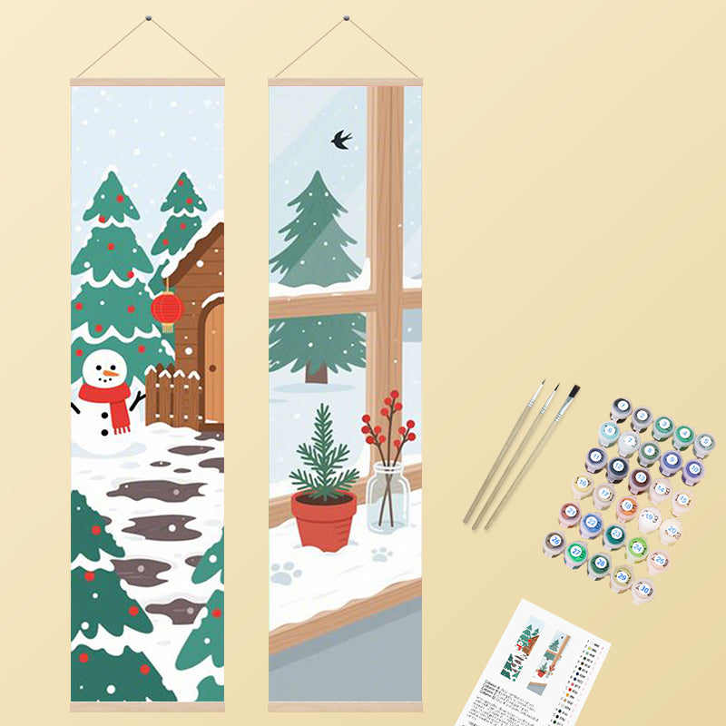 Two charming vertical winter illustrations, one showcasing a snowman by a cabin amidst snowy trees and the other a cozy window scene with indoor plants and an outdoor snowy landscape, rendered in a cheerful, whimsical style.