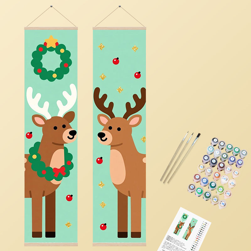 Two cartoon-style reindeer banners with a festive Christmas theme, featuring a mint green background with glitter, one deer wearing a wreath.