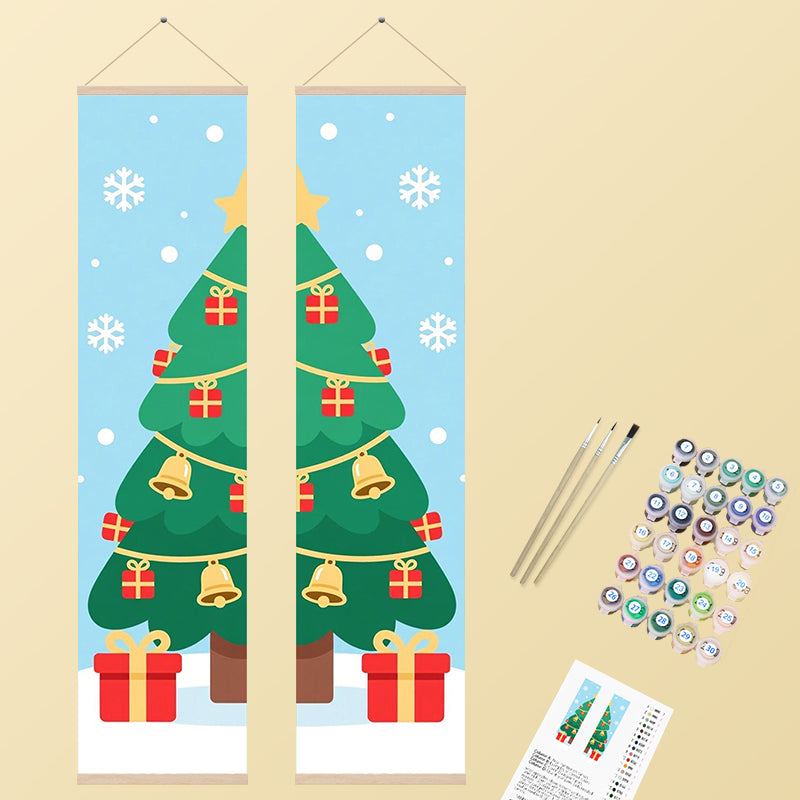 A two-panel artwork depicting a festive green Christmas tree adorned with red presents and golden bells, set against a light blue snowy sky with white snowflakes, in a cheerful, illustrative style.