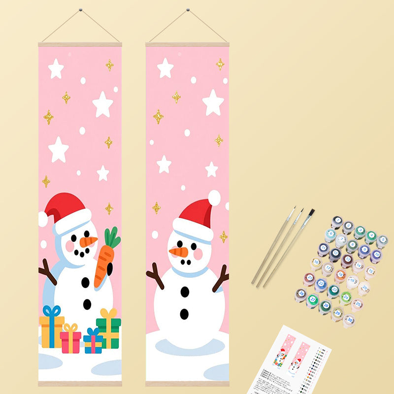 Two cheerful snowmen in Santa hats on pink banners, one with gifts and a carrot, in a cute and festive cartoon style.