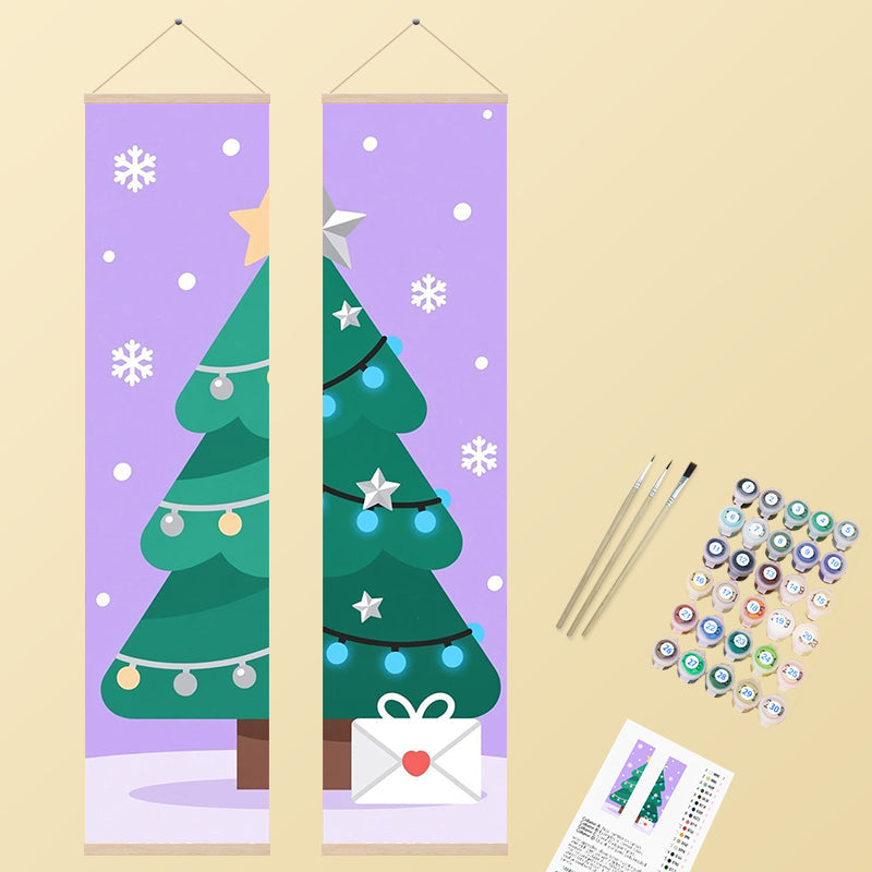 Two colourful Christmas tree banners with ornaments, lights, and stars, depicted in a flat, illustrative style against a purple snowy background, evoking a festive holiday mood.