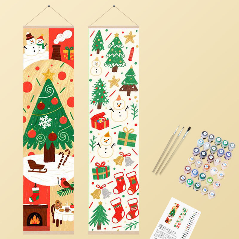 Two vertical banners featuring whimsical Christmas illustrations including decorated trees, snowmen, gifts, and festive accents in a cheerful, illustrative style.