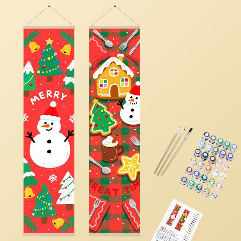 Two whimsical Christmas banners, one featuring a cheerful snowman and festive trees on a red background, and the other a gingerbread house, cookies, and another snowman on a red and green plaid pattern, rendered in a bright, cartoon style.