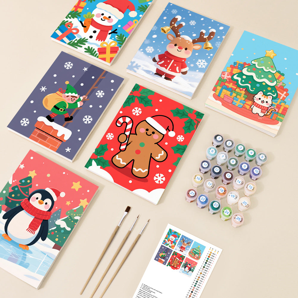 Six colorful Christmas cartoon paint by number designs, including a snowman, reindeer, elf, gingerbread man, cat, and penguin, displayed with paints and brushes, in a cute and festive style.