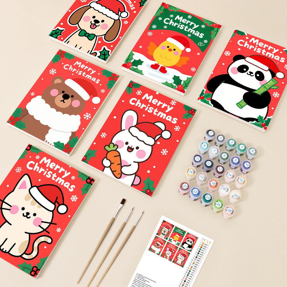 A set of six cute, cartoon-style Christmas cards featuring festive animals like a dog, chicken, bear, rabbit, panda, and cat, displayed with numbered paint pots and brushes on a light background.