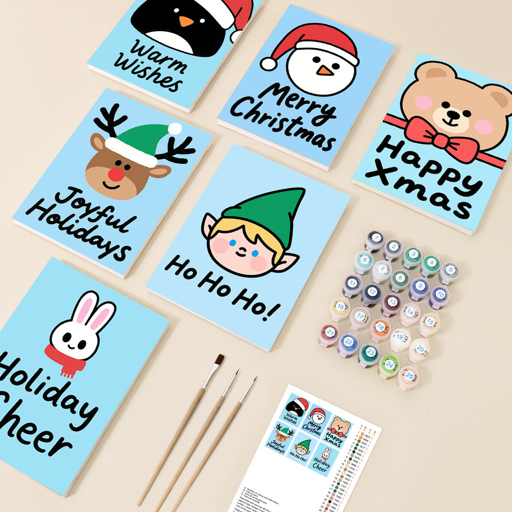A collection of cute, simple Christmas-themed character designs on light blue canvases, including a penguin, snowman, bear, reindeer, elf, and bunny, presented with paint pots and brushes in a cheerful cartoon style.
