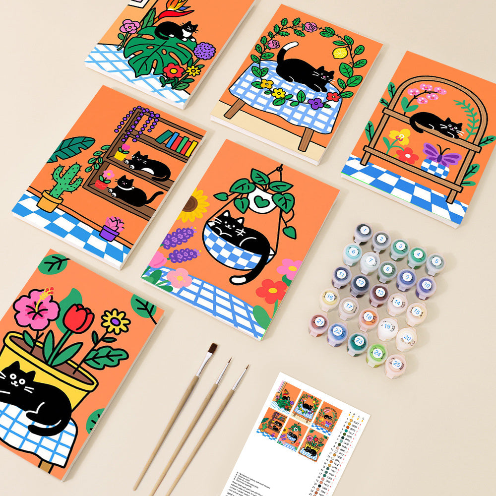 Six vibrant, cartoon-style illustrations featuring playful black cats relaxing among colourful plants and flowers in charming indoor settings, with a bright orange background.