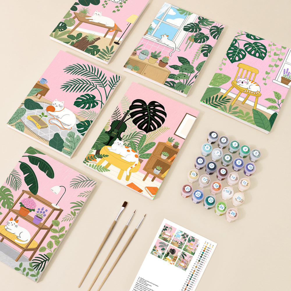 A collection of six charming paint by number canvases depicting white cats relaxing among lush houseplants in various pink-hued indoor scenes, presented in a cute, illustrative style.