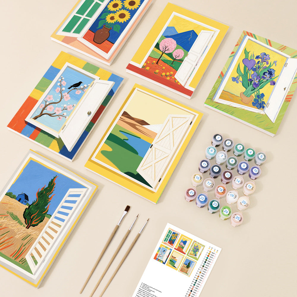 A colourful collection of paint by number canvases, each depicting a vibrant landscape or floral scene framed by an open window or door in a stylized, artistic manner, with paints and brushes nearby.