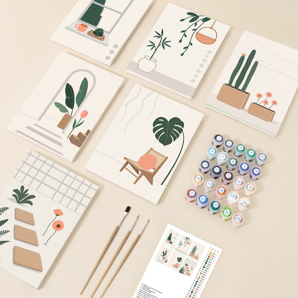 A collection of minimalist paint by number canvases featuring various potted plants and modern interior scenes, rendered in a calm, flat design style.