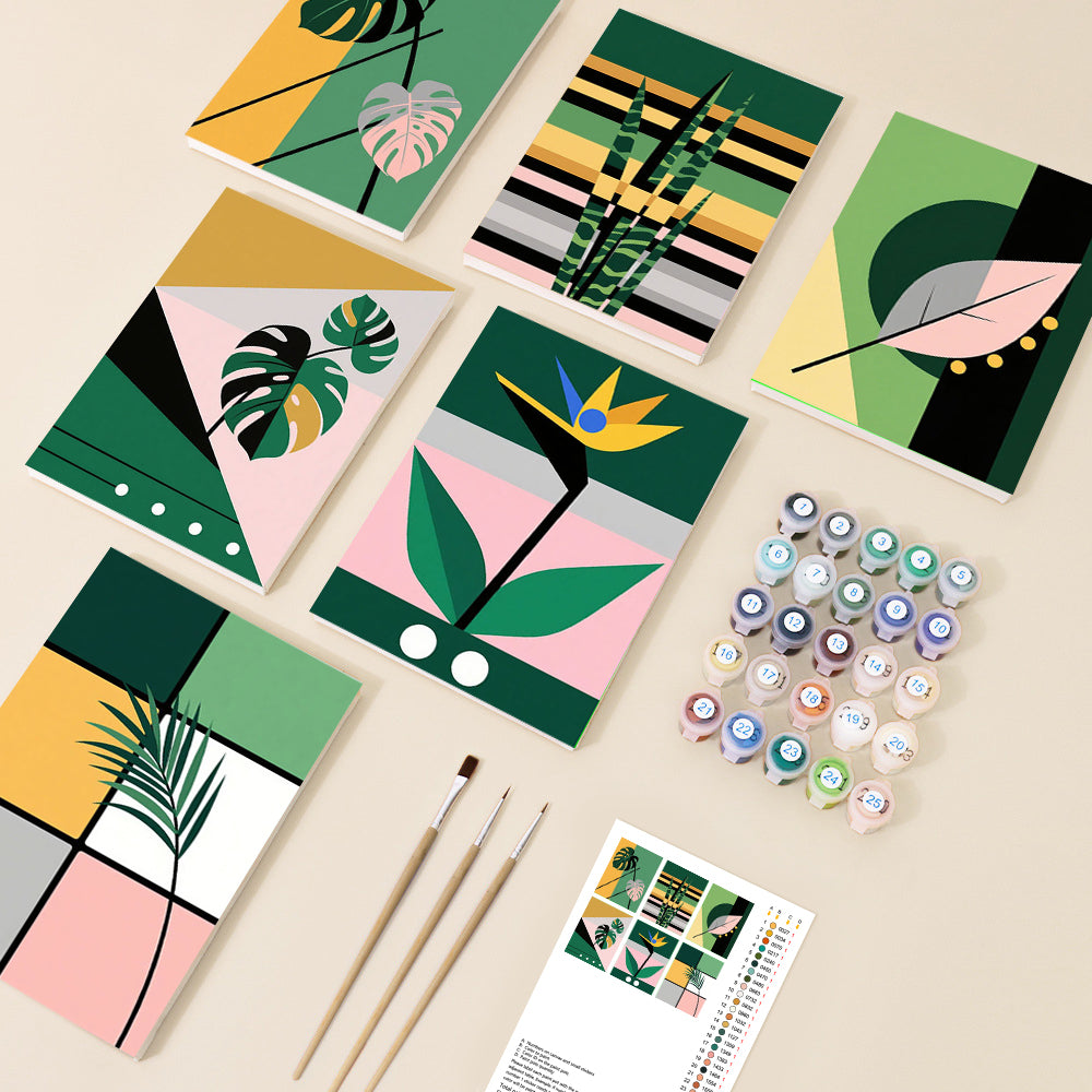 A collection of modern geometric paint by number canvases featuring various botanical designs like monstera leaves and a bird of paradise flower, depicted in a minimalist, colourful style with accompanying paints and brushes.