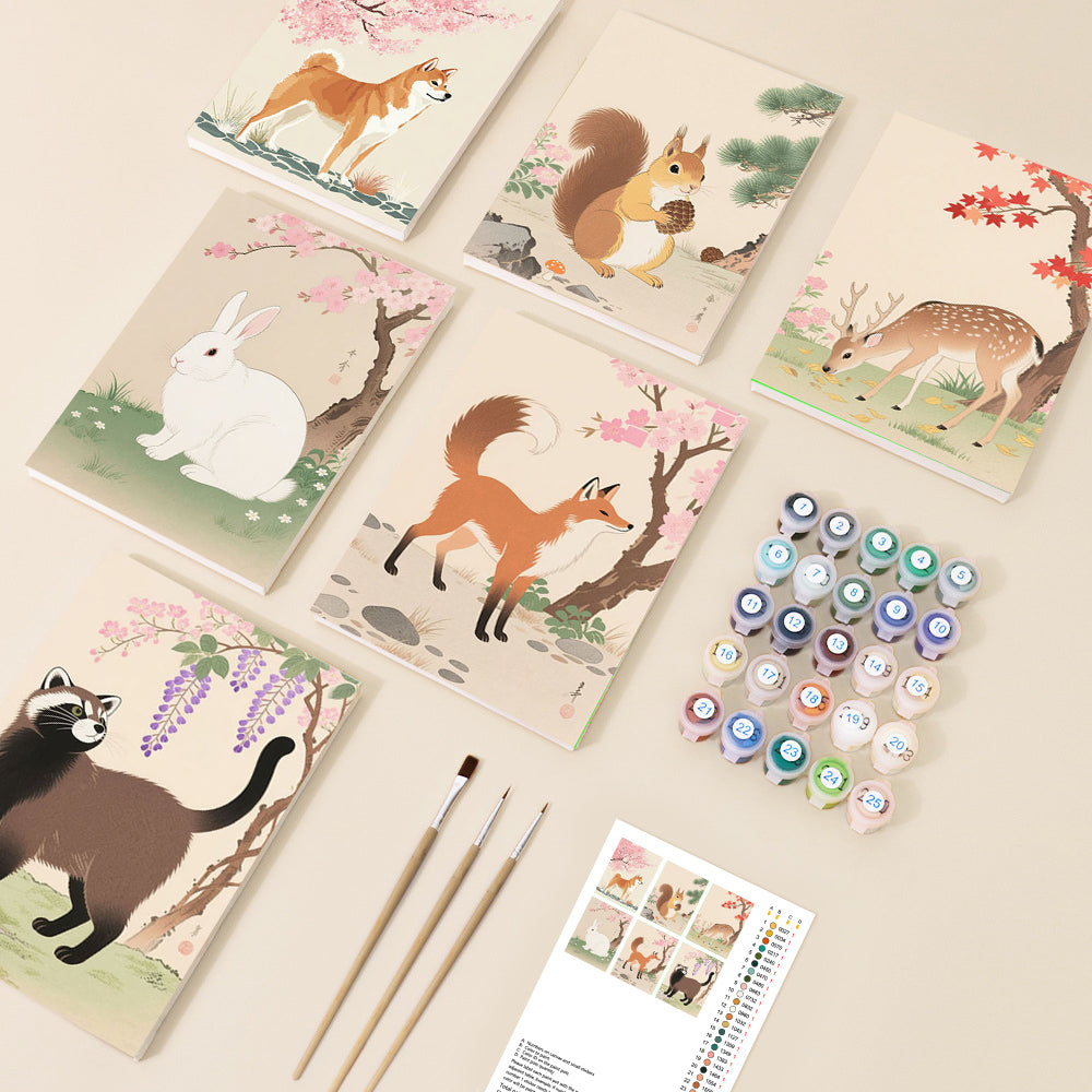 A collection of charming Japanese-style animal illustrations including a fox, rabbit, and squirrel, surrounded by cherry blossoms, depicted in a serene and artistic manner.