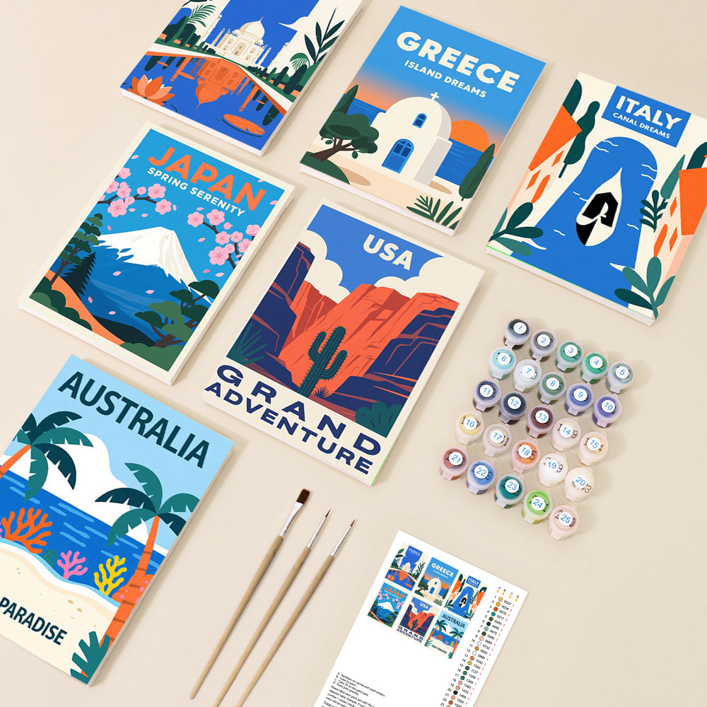 A collection of vibrant, modern illustrative travel posters showcasing famous global destinations, accompanied by paint pots and brushes for a DIY art project.