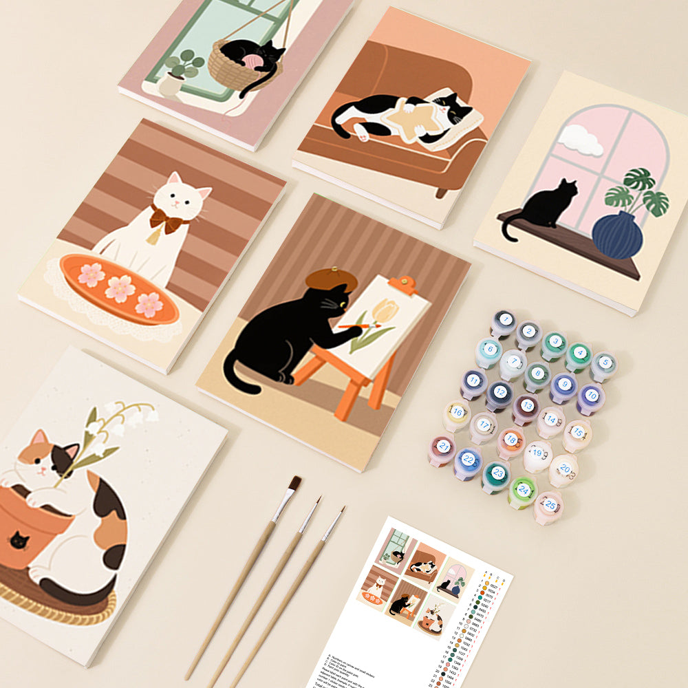A collection of whimsical paint by number canvases featuring various cats in cozy domestic settings, rendered in a charming, illustrative style with soft, inviting colours.