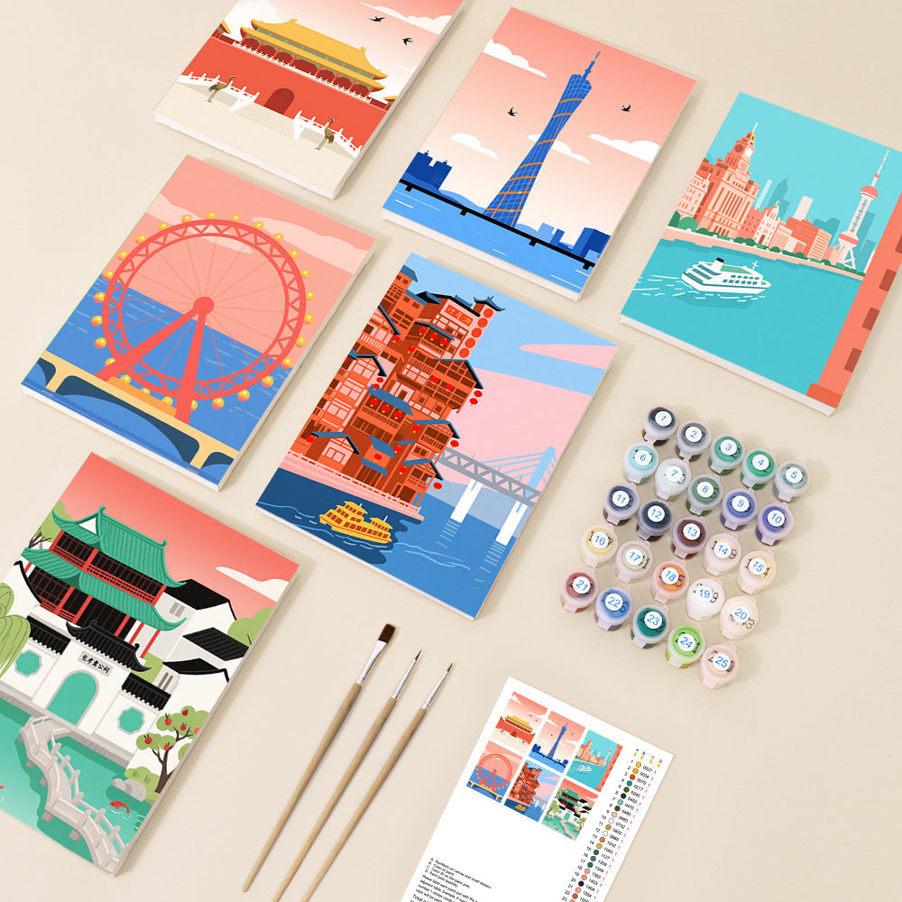 A set of paint by number canvases featuring various iconic global landmarks and cityscapes, depicted in a bright, flat illustrative style, alongside brushes and paint pots.