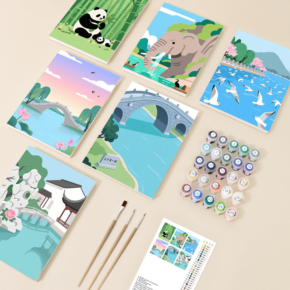 A vibrant collection of paint-by-number canvases featuring simplified illustrations of Asian landscapes with pandas, elephants, bridges, and seagulls, presented in a cheerful and artistic style.