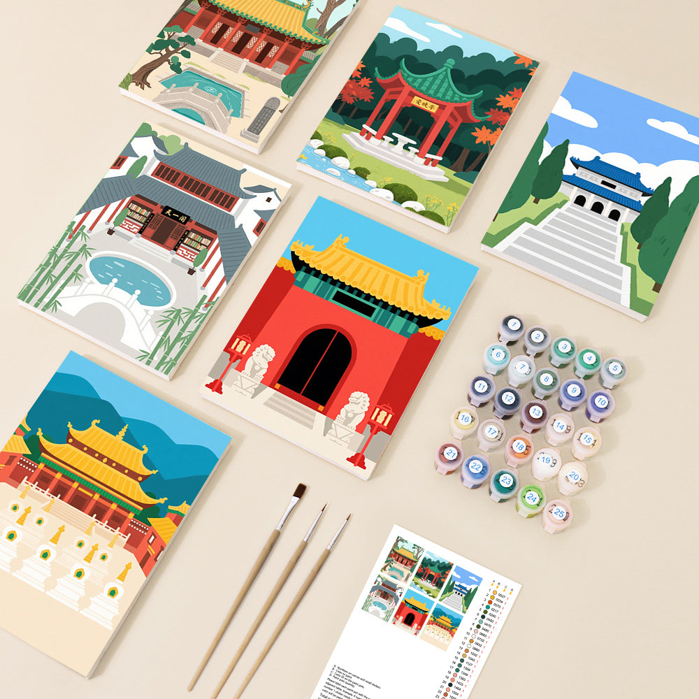 A collection of traditional heritage buildings, depicted in a vibrant, flat graphic art style, presented as a paint by number kit with paints and brushes.