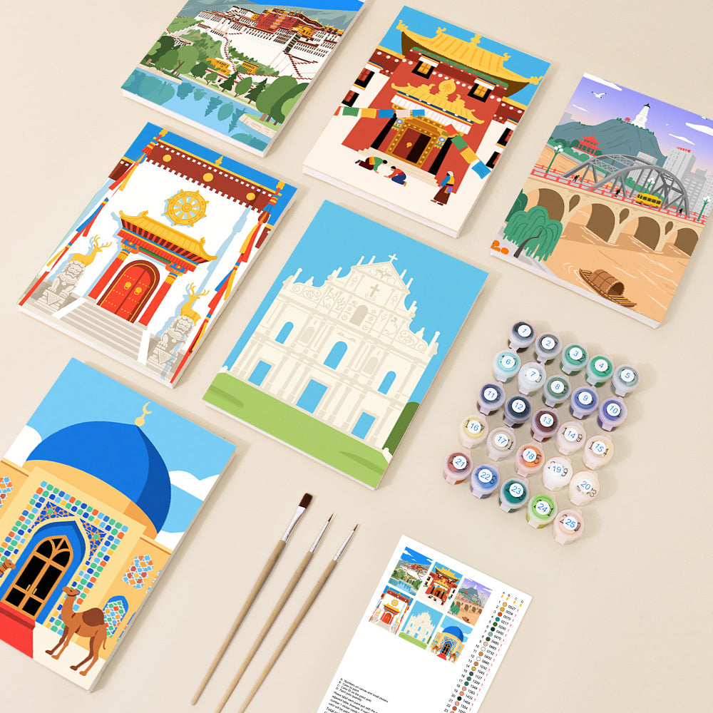 A collection of colourful paint by number canvases depicting iconic world landmarks and architectural wonders in a clean, minimalist illustrative style, accompanied by paints and brushes.