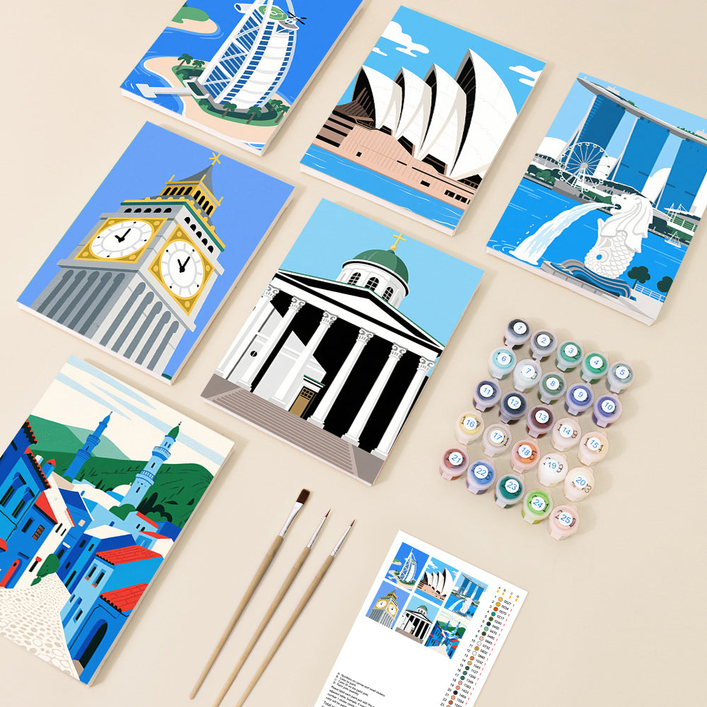 A collection of six minimalist graphic style paintings depicting famous world landmarks like Big Ben, Sydney Opera House, and the Merlion, accompanied by paint pots and brushes.
