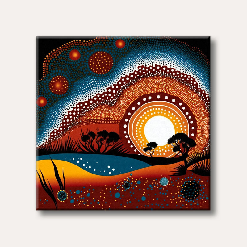 A vibrant Aboriginal dot painting depicting a desert landscape with a prominent circular sun or moon, trees, and water, rendered in a traditional indigenous art style.