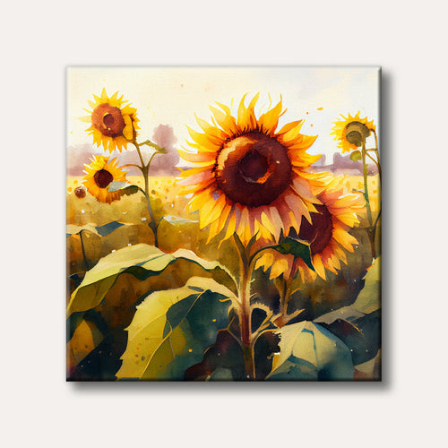 A cheerful painting of a sunflower field, with large yellow and brown sunflowers bathed in bright, warm light.