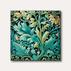 A detailed and ornate botanical pattern showcasing swirling teal and green leaves with gold highlights on a black background, in a classic Arts and Crafts style.