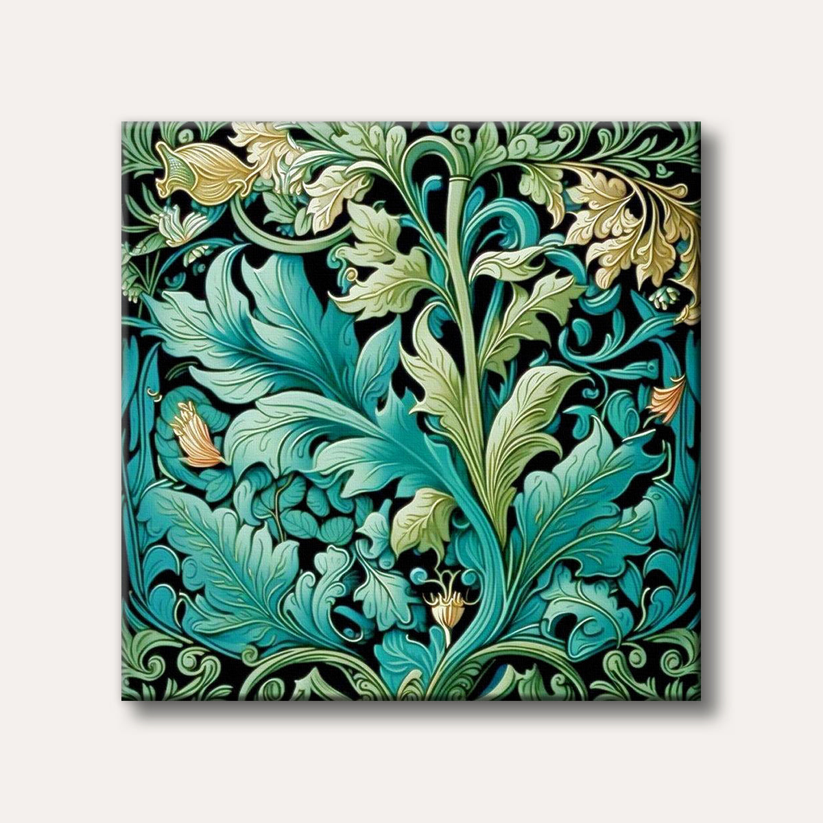 A detailed and ornate botanical pattern showcasing swirling teal and green leaves with gold highlights on a black background, in a classic Arts and Crafts style.