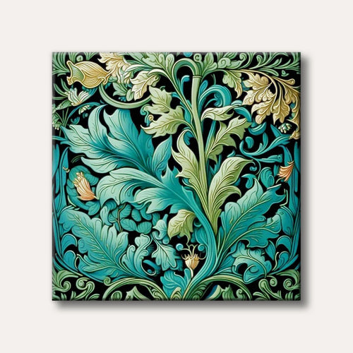 A detailed and ornate botanical pattern showcasing swirling teal and green leaves with gold highlights on a black background, in a classic Arts and Crafts style.