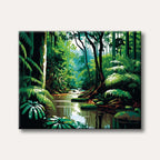 A vibrant painting showcasing a serene river flowing through a dense, lush tropical rainforest, rendered in a stylized, almost graphic art style with strong greens and reflections.
