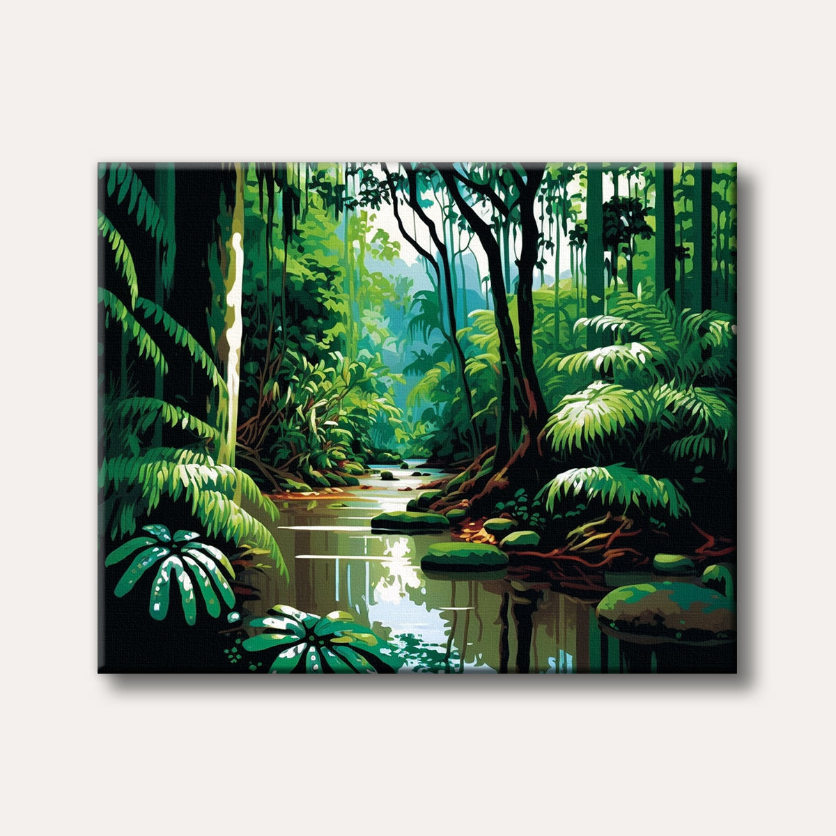 A vibrant painting showcasing a serene river flowing through a dense, lush tropical rainforest, rendered in a stylized, almost graphic art style with strong greens and reflections.
