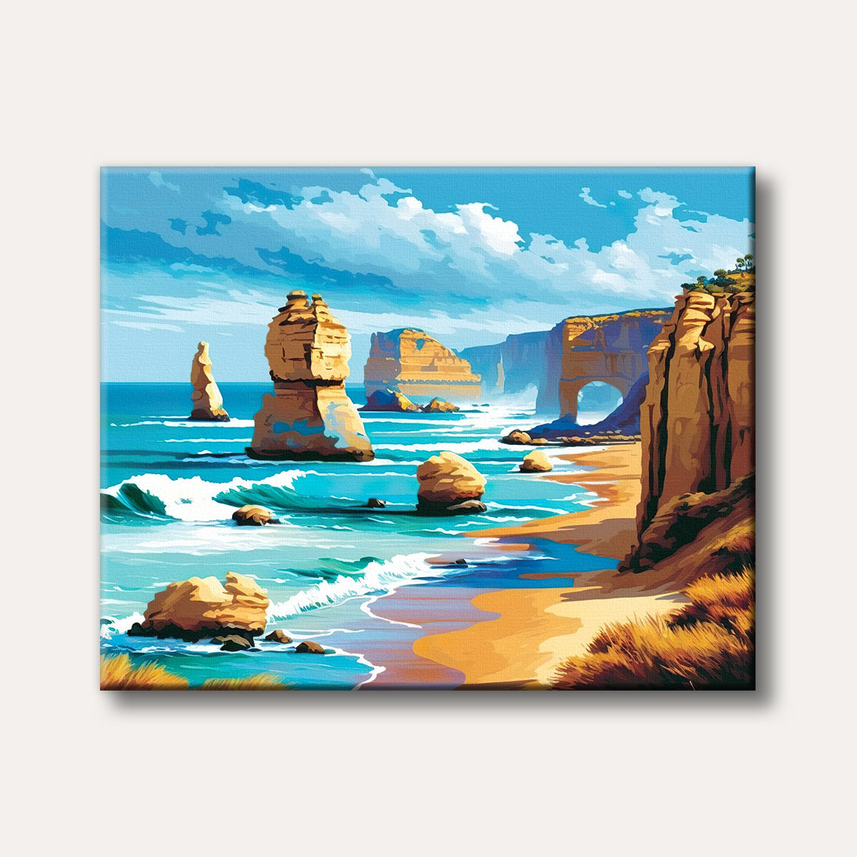 A vibrant illustration of a majestic coastal landscape featuring large golden rock formations and cliffs, turquoise ocean waves breaking on a sandy beach, all under a bright blue sky with white clouds.