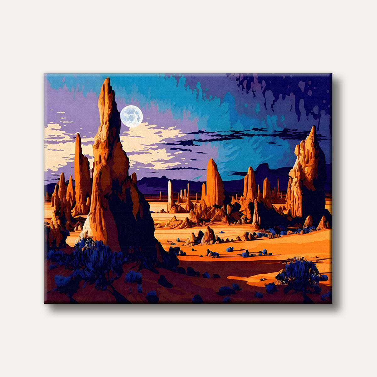 A dramatic stylized painting of a desert landscape at night, featuring towering orange rock formations, deep blue shadows, and a bright full moon against a vibrant blue and purple sky.