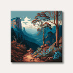 A vibrant stylized painting depicting a winding path through a desert canyon landscape with red-leafed trees and bright blue flowers.