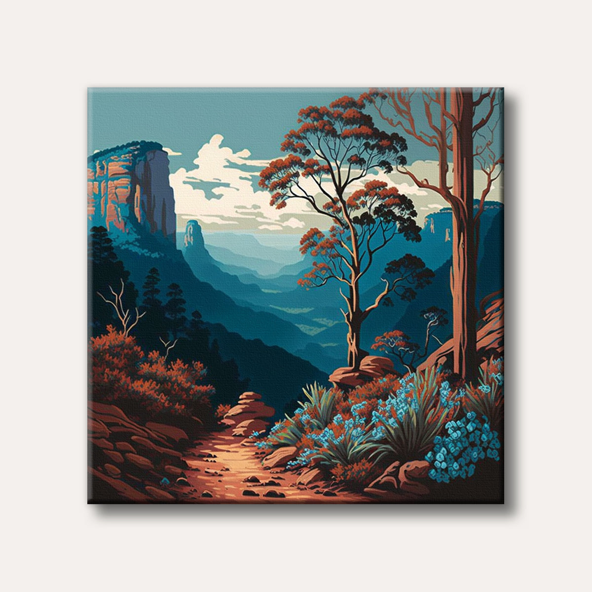 A vibrant stylized painting depicting a winding path through a desert canyon landscape with red-leafed trees and bright blue flowers.