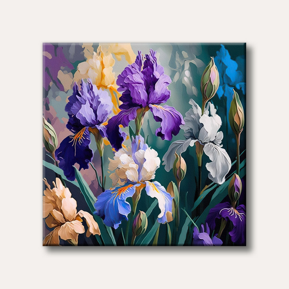 A vibrant painting showcasing multiple irises in rich purple, blue, white, and yellow hues amidst dark green foliage, rendered in a detailed and colourful style.