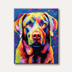 A close-up, vibrant pop art painting of a Labrador dog's face, rendered in a kaleidoscope of bright, bold colours against a dynamic, abstract background.